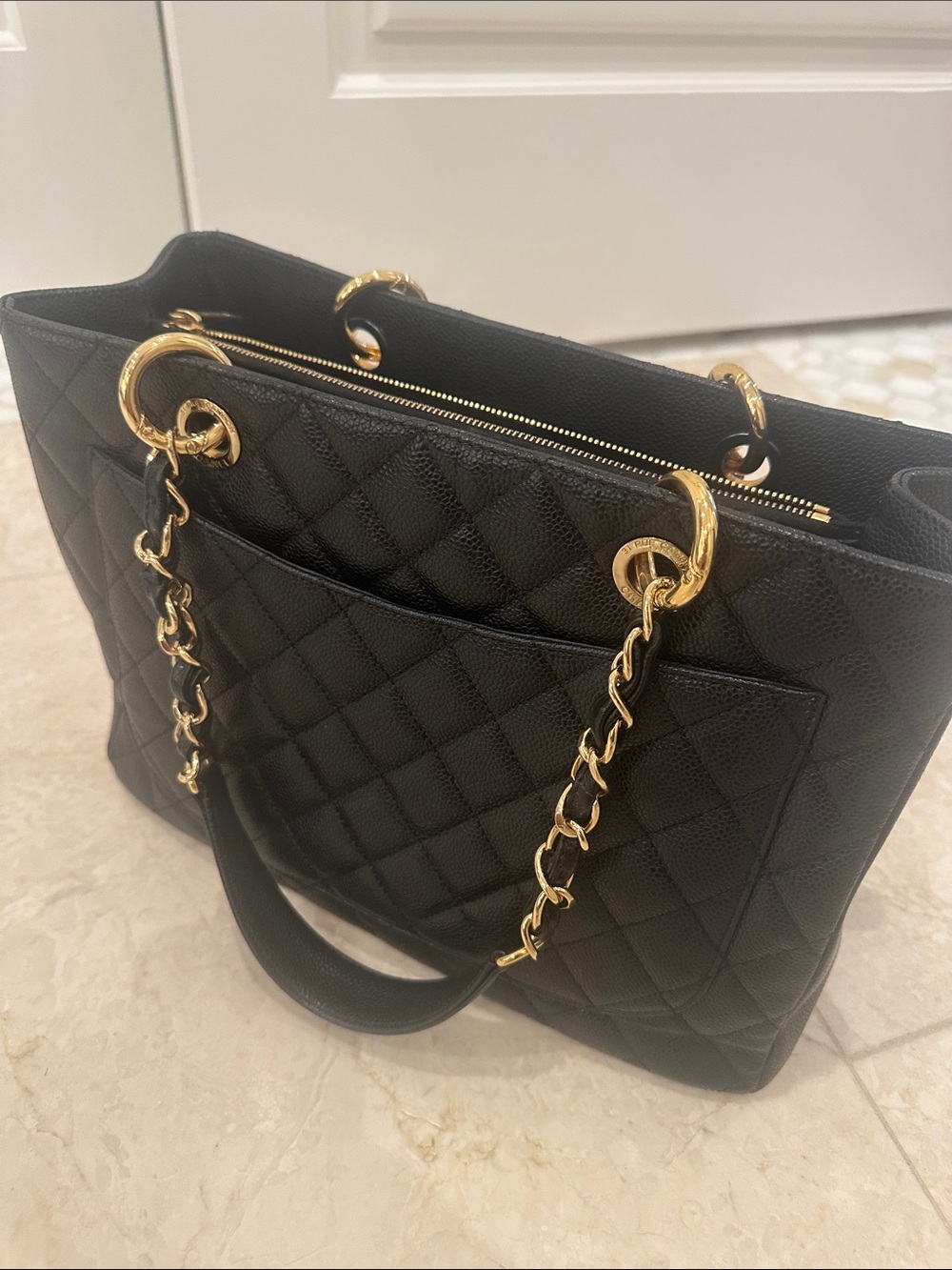 CHANEL Black Quilted Leather Shoulder Tote with Gold Chain Straps - Picture 11 of 13